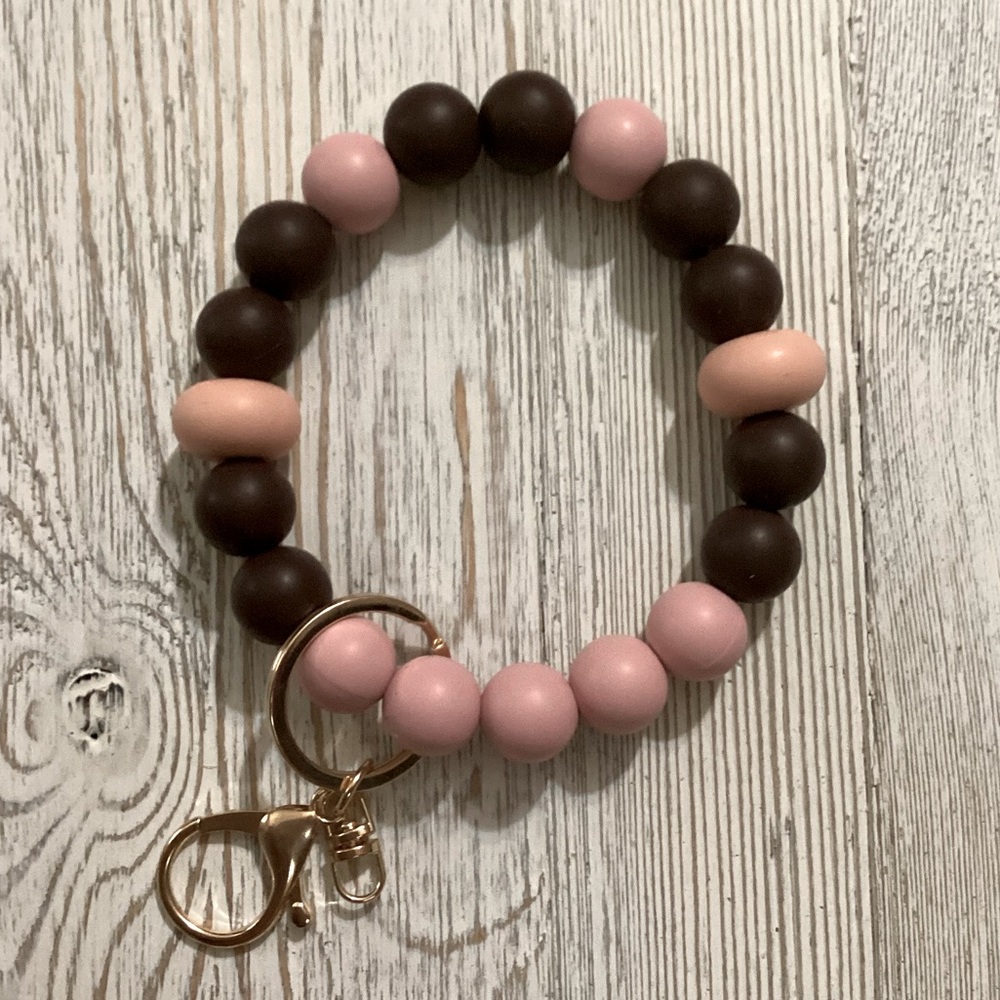 Silicone Beaded Wristlet Keychain Brown Salmon Pink w/ Large Lobster Clasp